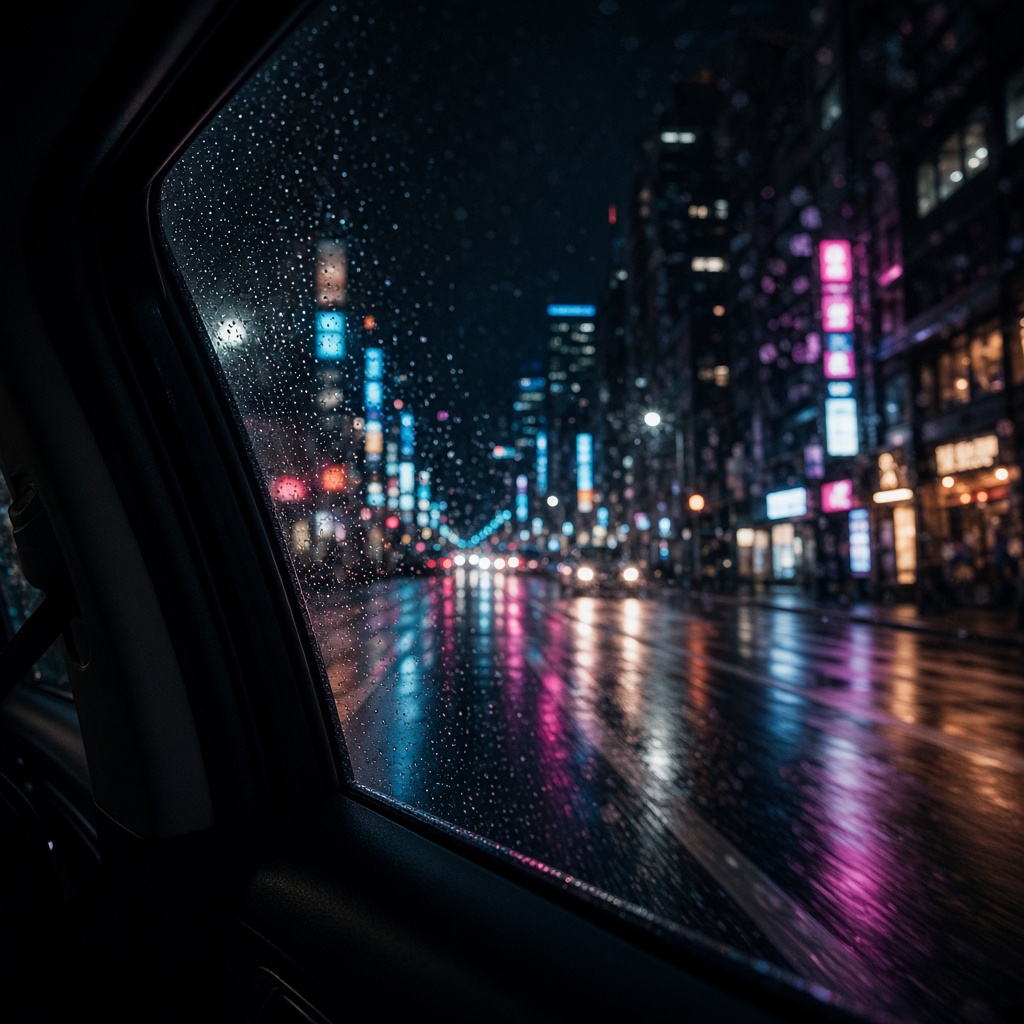 Neon city seen through a rain-wet car window at night.