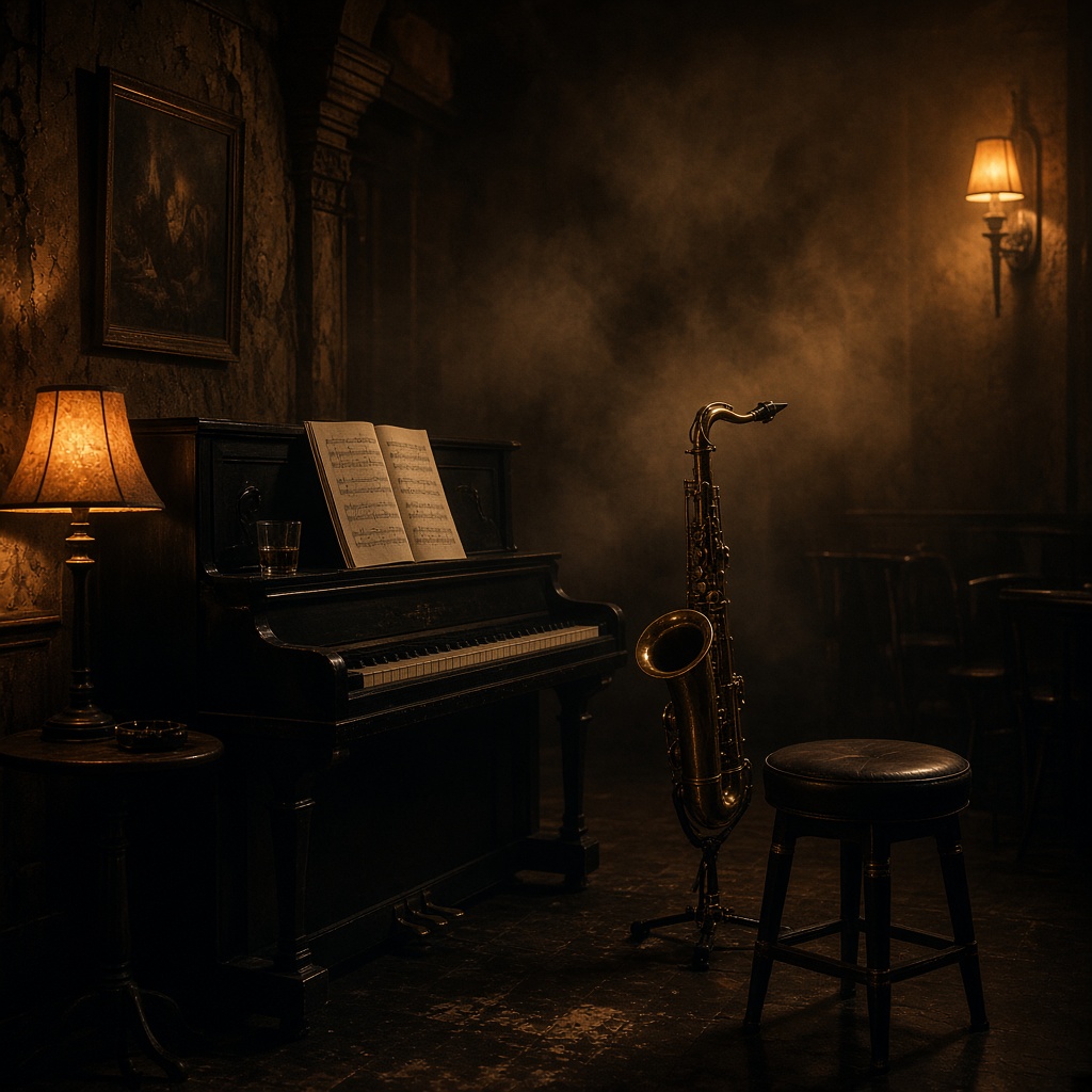 Smoky club piano and tenor saxophone under tungsten lamps.